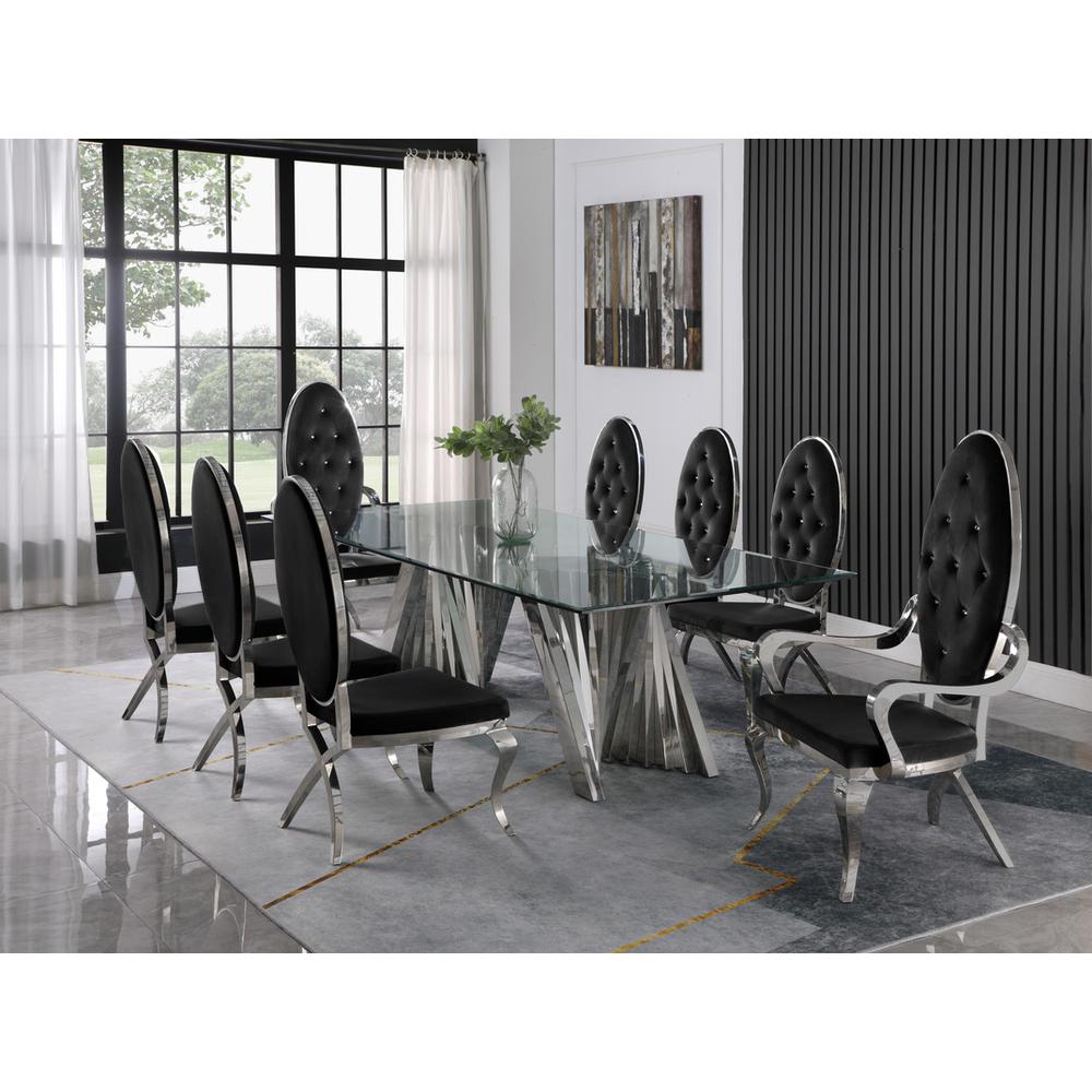 Classic 9pc Dining Set w/Uph Tufted Side/Arm Chair, Glass Table w/ Silver Spiral Base, Black. Picture 1
