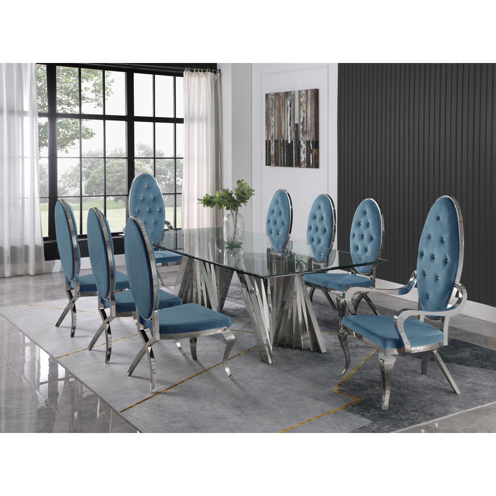 Classic 9pc Dining Set w/Uph Tufted Side/Arm Chair, Glass Table w/ Silver Spiral Base, Teal. Picture 1
