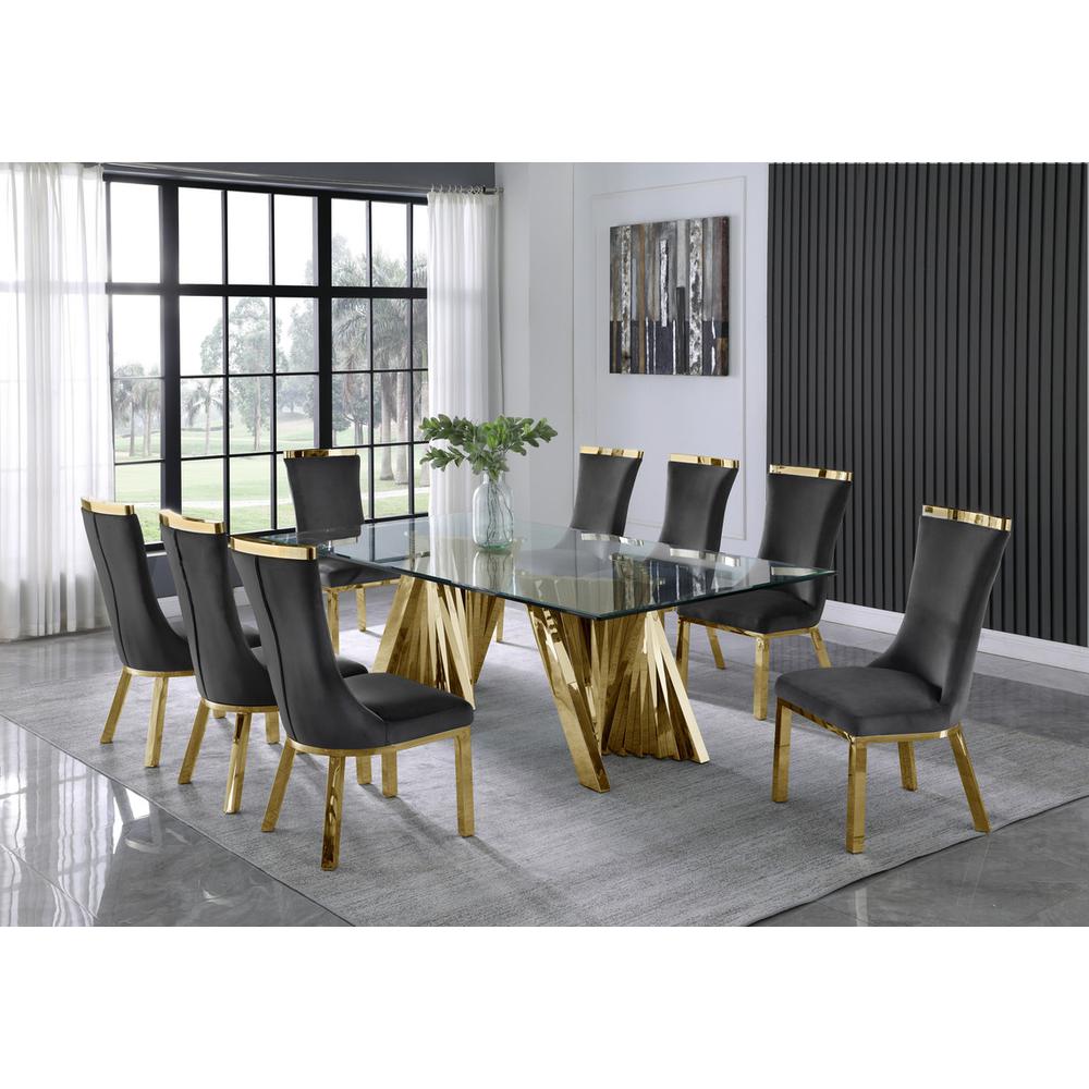 9pc dining set- Recatngle Glass table with gold color base and Dark Grey velvet chairs. Picture 4