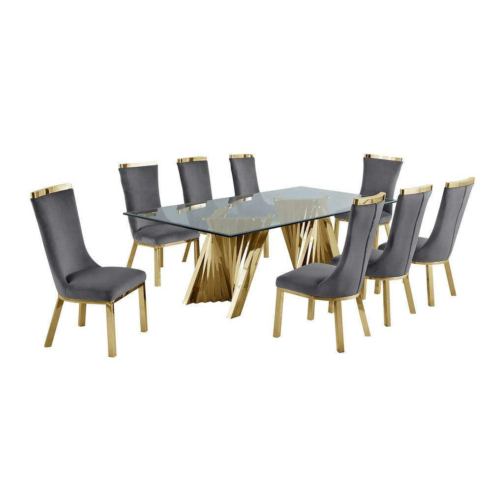 9pc dining set- Recatngle Glass table with gold color base and Dark Grey velvet chairs. Picture 1