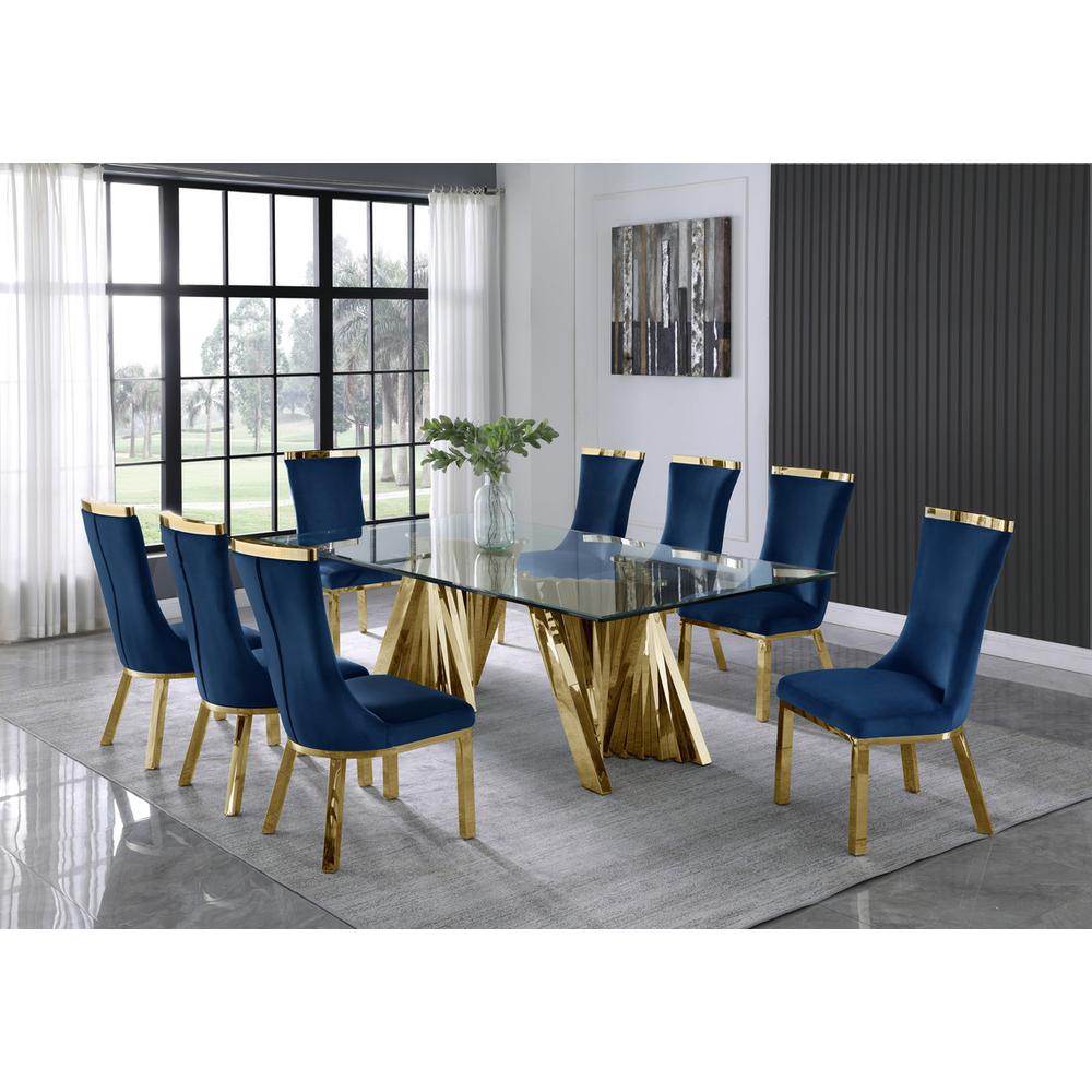 9pc dining set- Recatngle Glass table with gold color base and Navy Blue velvet chairs. Picture 4
