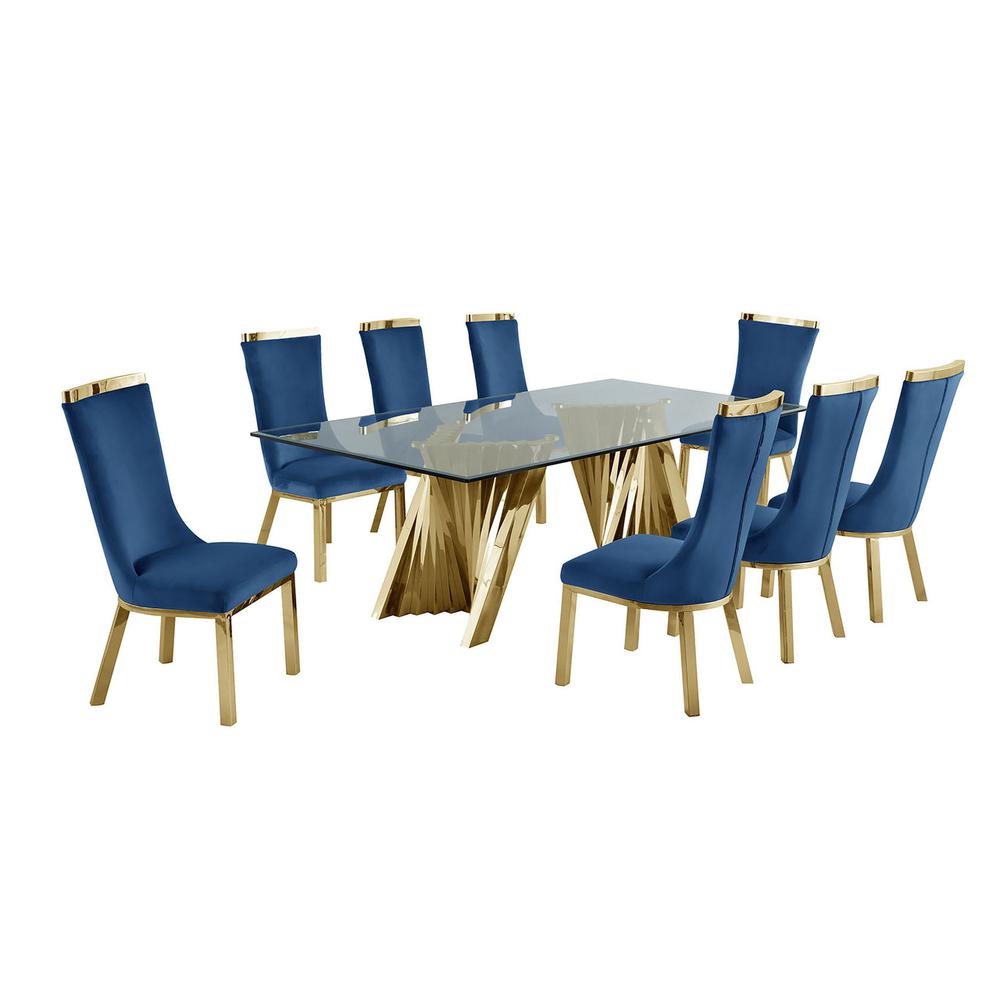 9pc dining set- Recatngle Glass table with gold color base and Navy Blue velvet chairs. Picture 1
