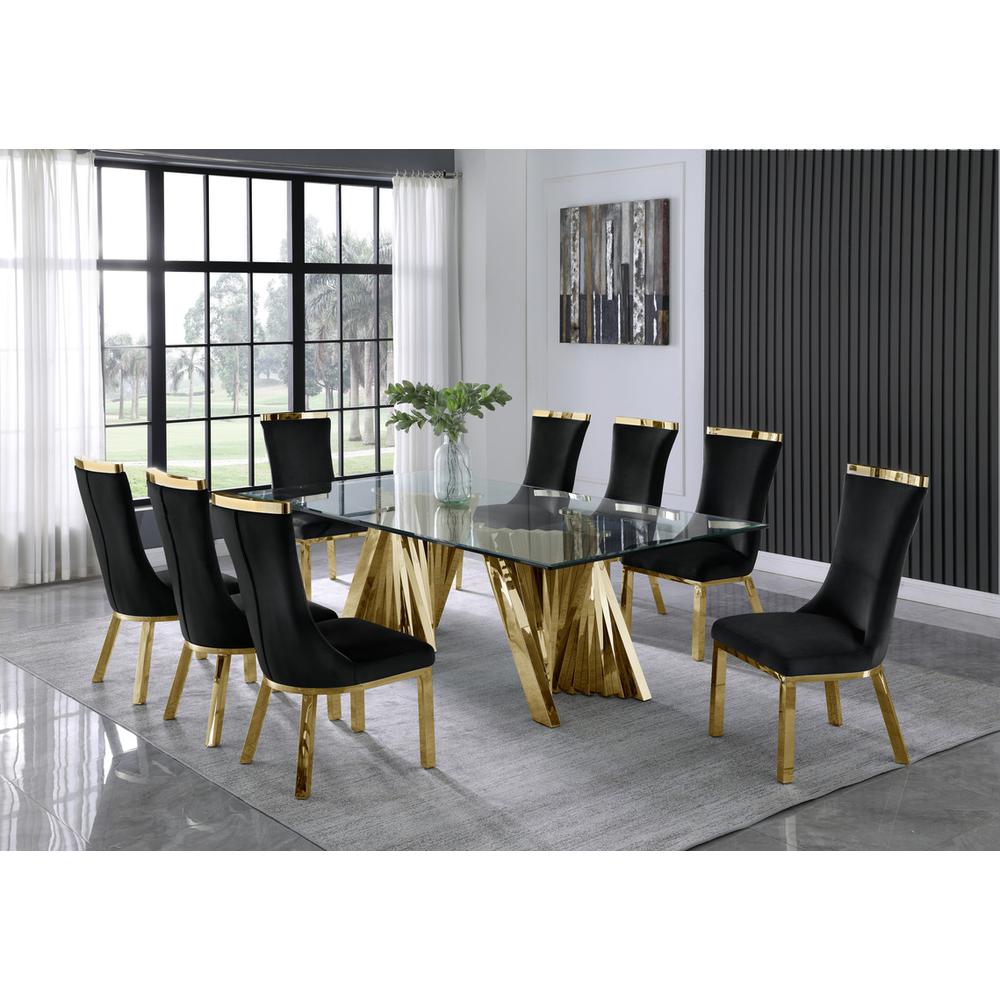 Classic 9pc Dining Set w/Uph Side Chair, Glass Table w/ Gold Spiral Base, Black. Picture 4