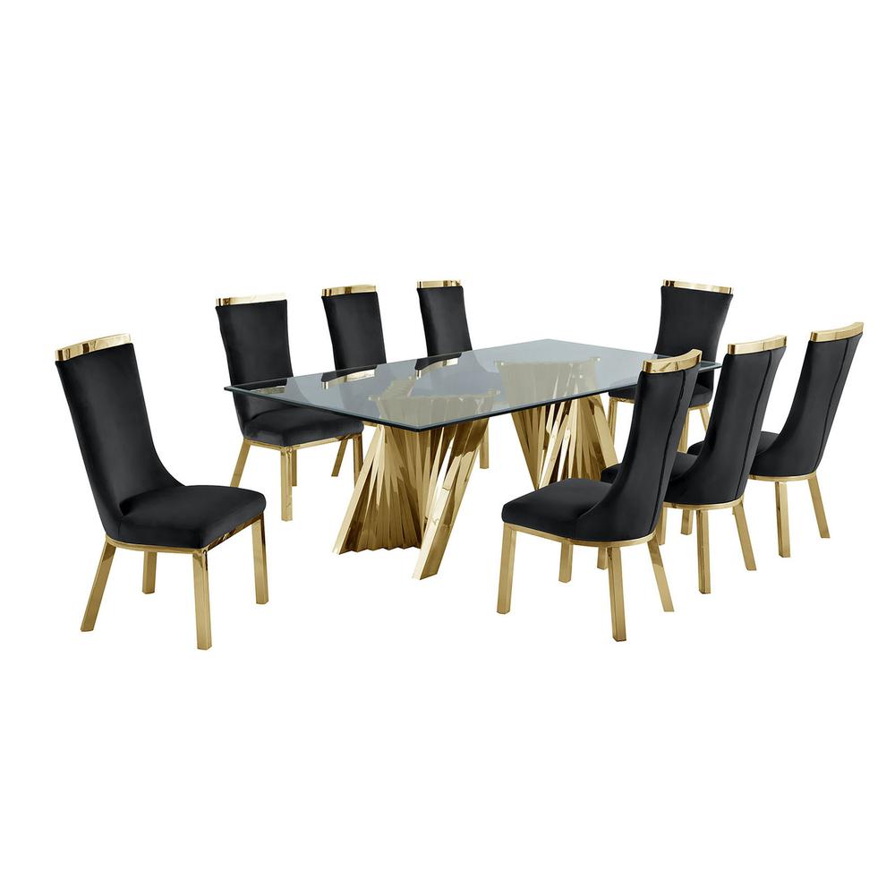 Classic 9pc Dining Set w/Uph Side Chair, Glass Table w/ Gold Spiral Base, Black. The main picture.