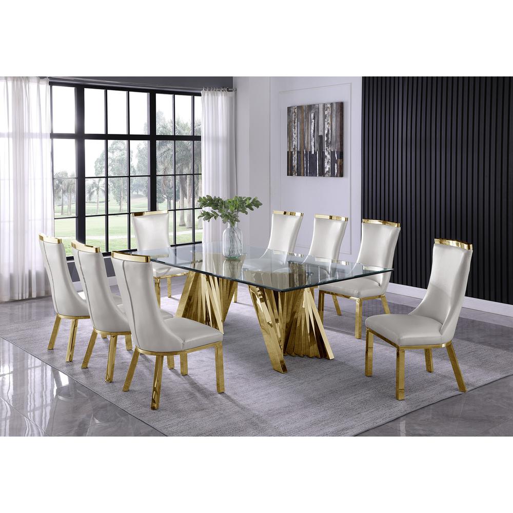 Classic 9pc Dining Set w/Faux Leather Side Chair, Glass Table w/ Gold Spiral Base, White. Picture 4
