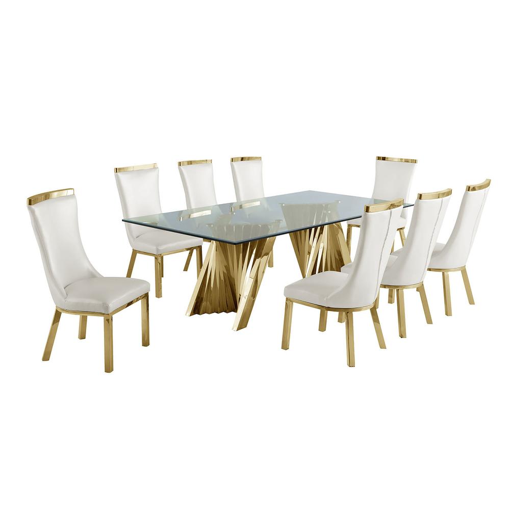 Classic 9pc Dining Set w/Faux Leather Side Chair, Glass Table w/ Gold Spiral Base, White. The main picture.