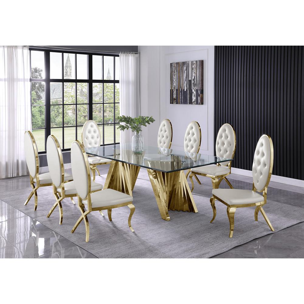 Classic 9pc Dining Set w/Faux Leather Tufted Side Chair, Glass Table w/ Gold Spiral Base, White. The main picture.