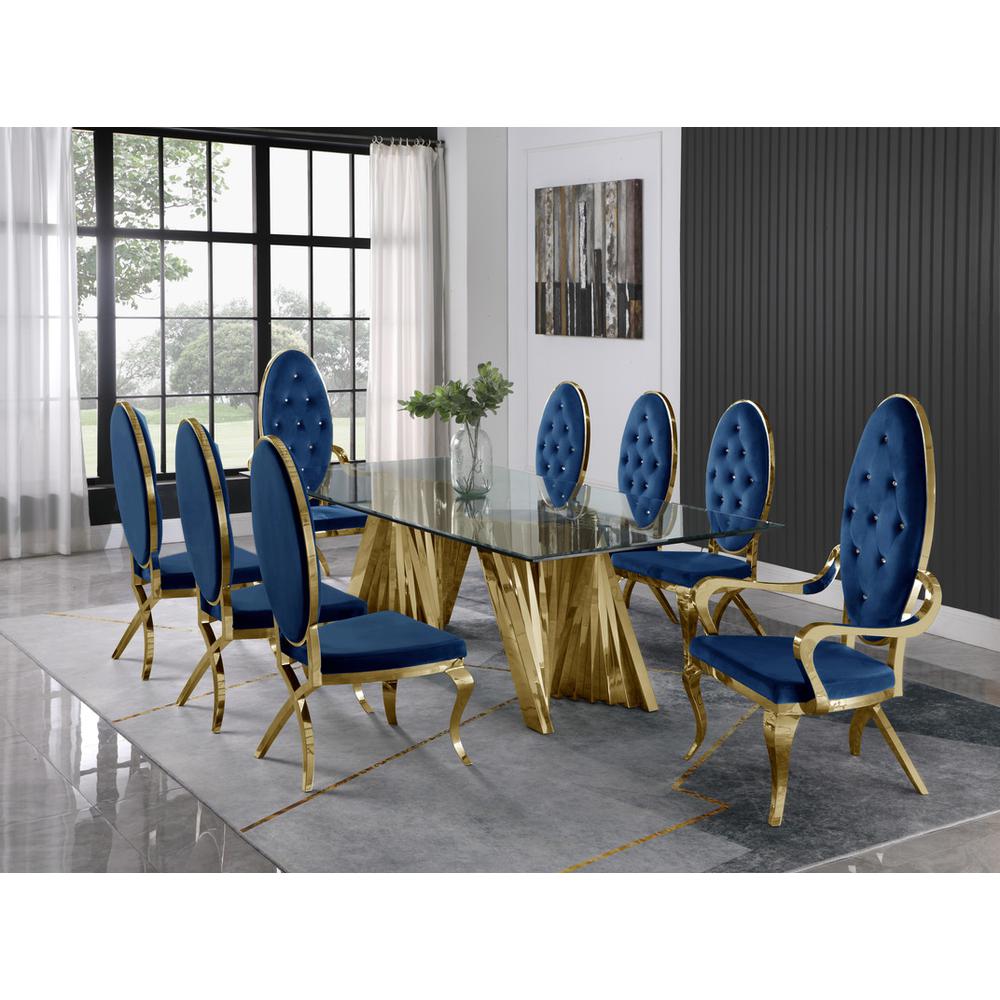 Classic 9pc Dining Set w/Uph Tufted Side/Arm Chair, Glass Table w/ Gold Spiral Base, Navy Blue. The main picture.