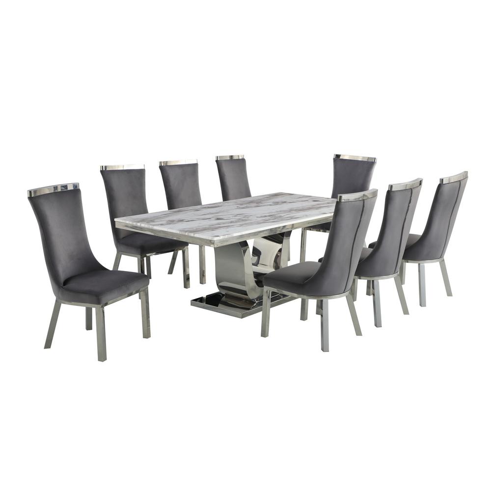 9pc dining set- Rectangle Marble table with a U shape silver base and 8 Dark Grey side chairs. Picture 1