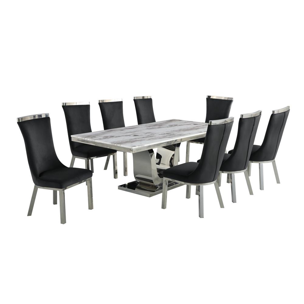9pc dining set- Rectangle Marble table with a U shape silver base and 8 black side chairs. Picture 1