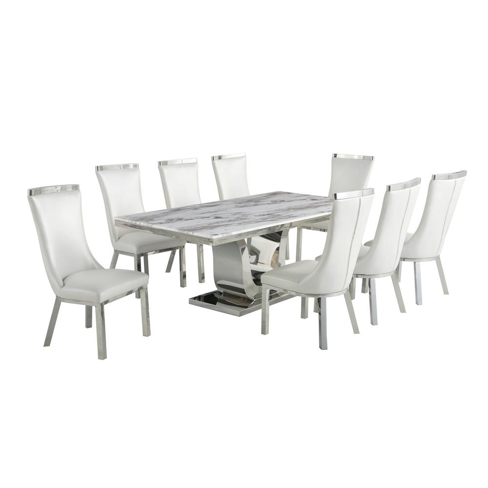 9pc dining set- Rectangle Marble table with a U shape silver base and 8 white faux leather chairs. Picture 1