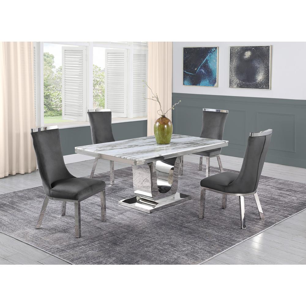 5pc dining set- Rectangle Marble table with a U shape base and 4 side chairs in Dark Grey Velvet. Picture 4
