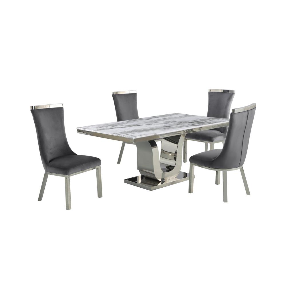 5pc dining set- Rectangle Marble table with a U shape base and 4 side chairs in Dark Grey Velvet. Picture 1