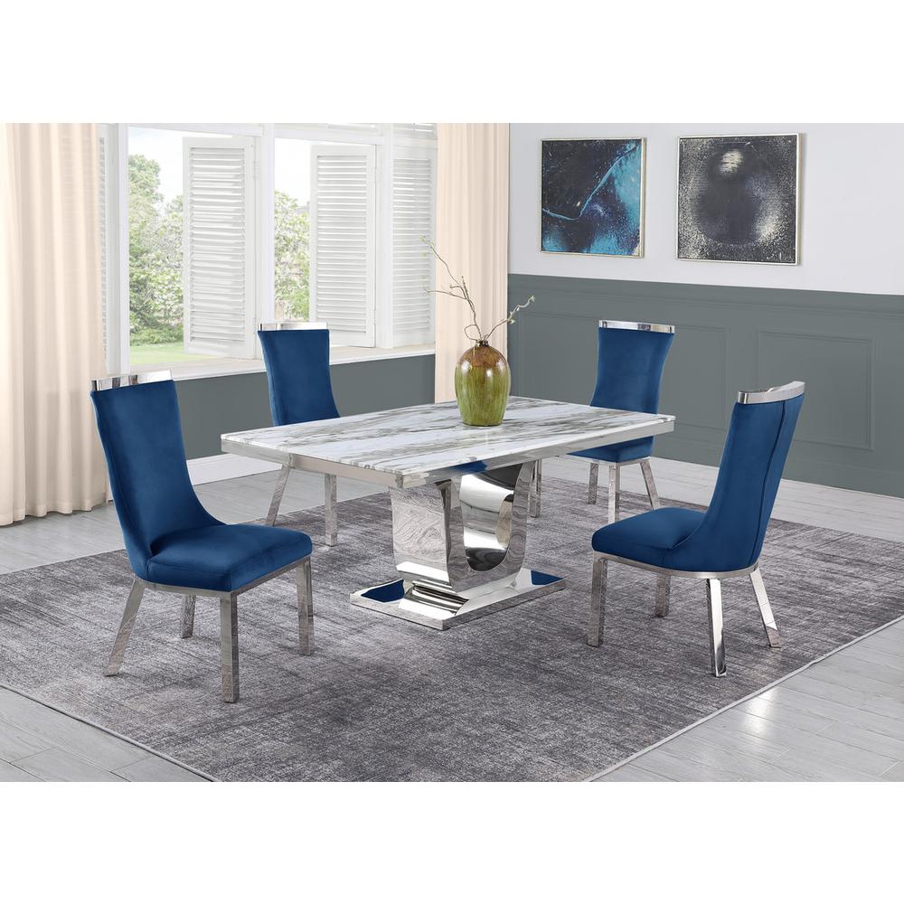 5pc dining set- Rectangle Marble table with a U shape base and 4 side chairs in Navy Blue Velvet. Picture 4