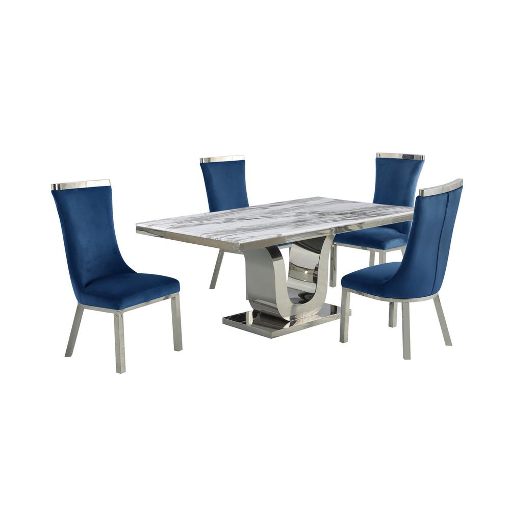 5pc dining set- Rectangle Marble table with a U shape base and 4 side chairs in Navy Blue Velvet. Picture 1