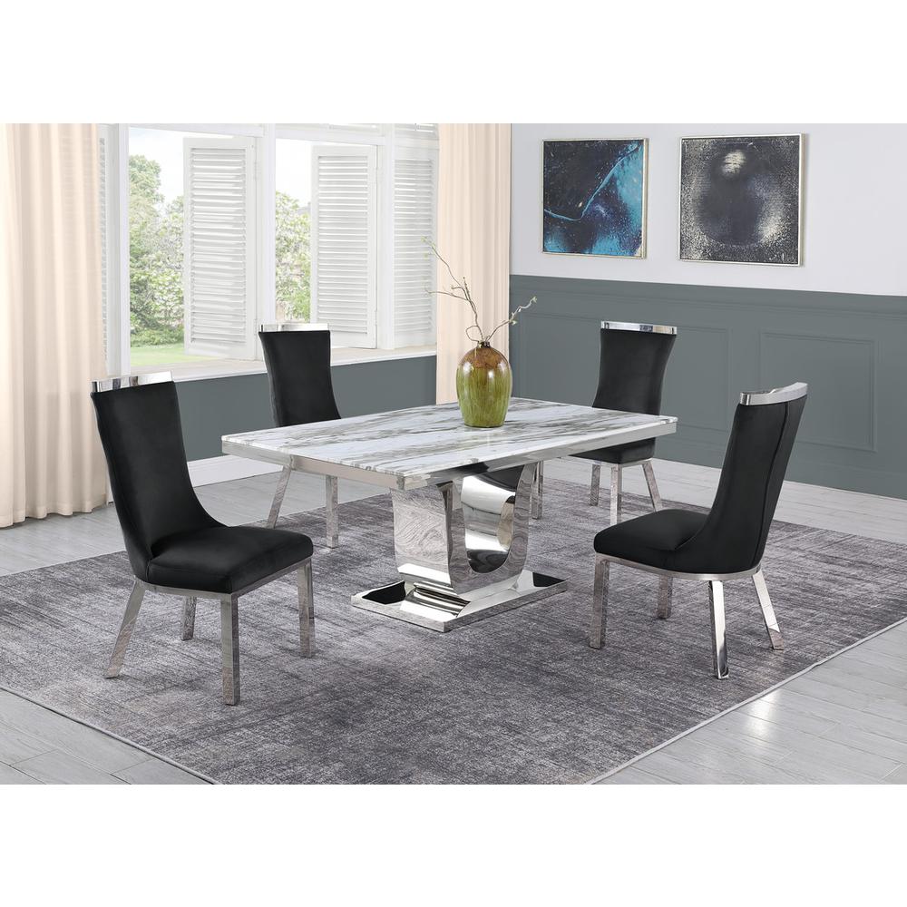 5pc dining set- Rectangle Marble table with a U shape base and 4 side chairs in Black Velvet. Picture 4