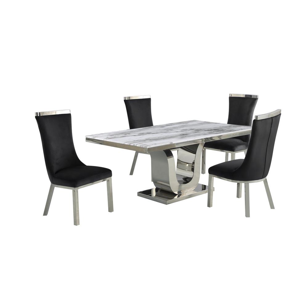 5pc dining set- Rectangle Marble table with a U shape base and 4 side chairs in Black Velvet. Picture 1