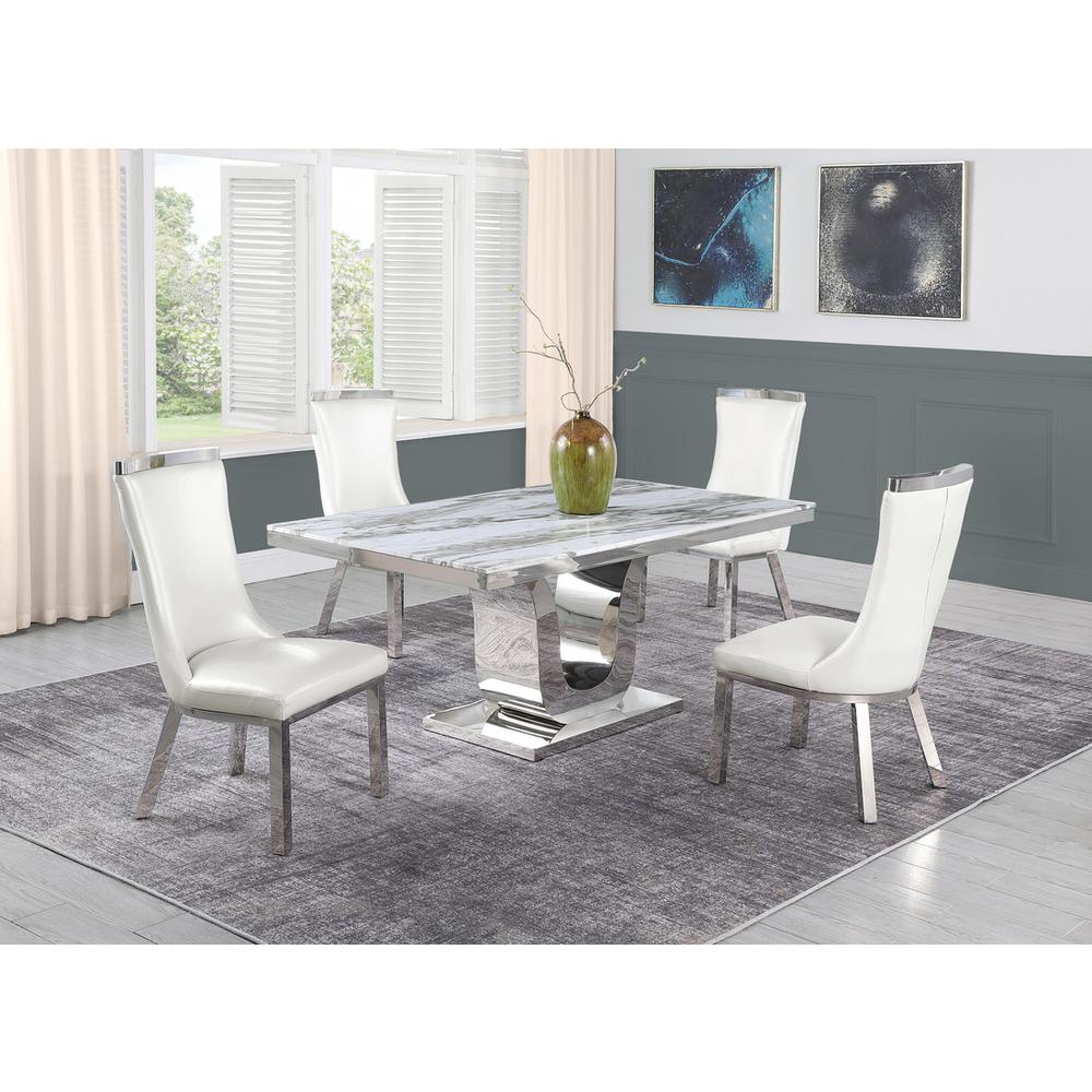 5pc dining set- Rectangle Marble table with a U shape base and 4 side chairs in White faux Leather. Picture 4