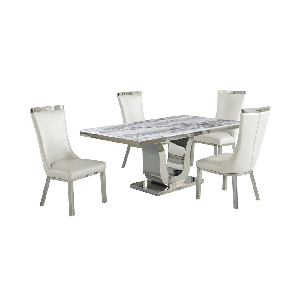 5pc dining set- Rectangle Marble table with a U shape base and 4 side chairs in White faux Leather. Picture 1