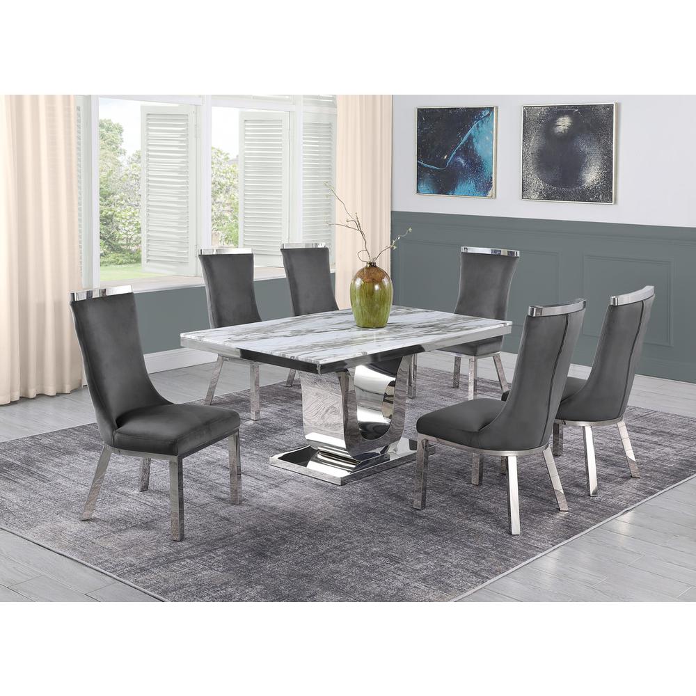 7pc dining set- Recatngle Marble table with a U shape base and 6 side chairs in Dark Grey. Picture 4
