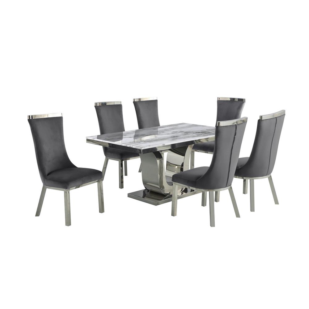 7pc dining set- Recatngle Marble table with a U shape base and 6 side chairs in Dark Grey. Picture 1
