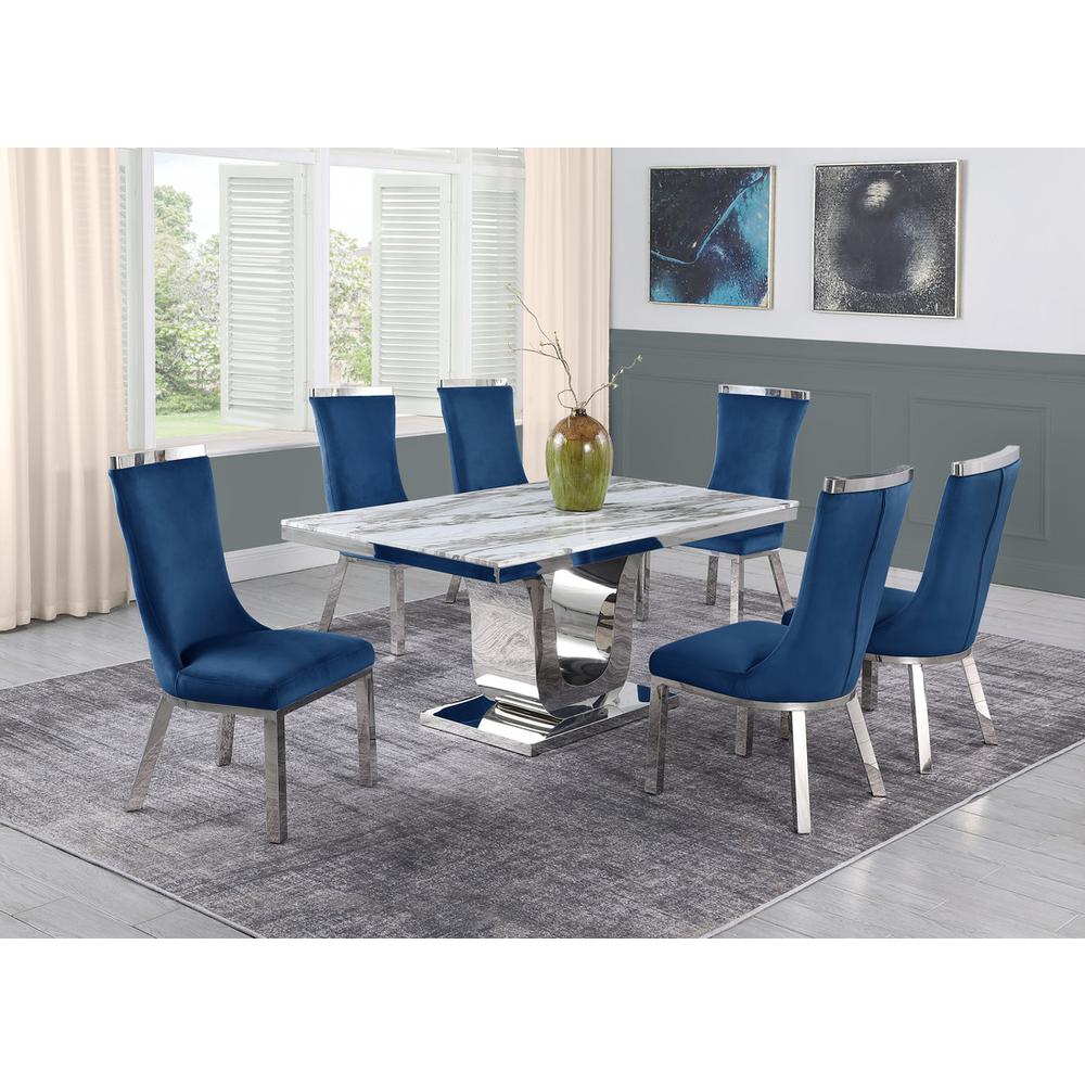 7pc dining set- Recatngle Marble table with a U shape base and 6 side chairs in Navy Blue. Picture 4