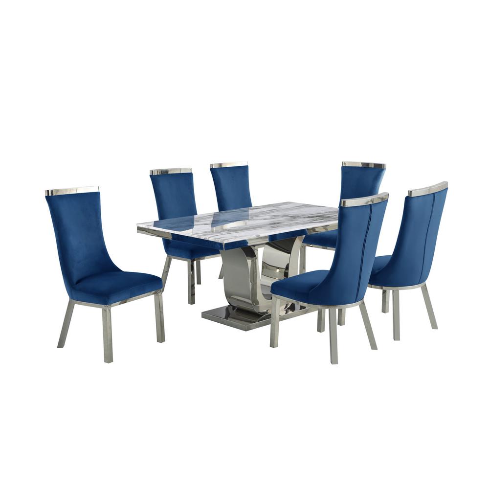 7pc dining set- Recatngle Marble table with a U shape base and 6 side chairs in Navy Blue. Picture 1