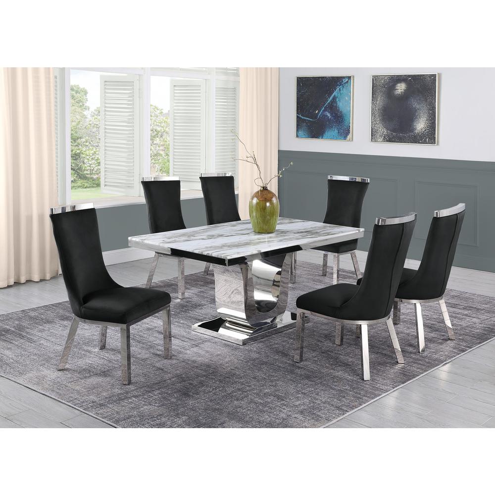7pc dining set- Recatngle Marble table with a U shape base and 6 side chairs in Black. Picture 4