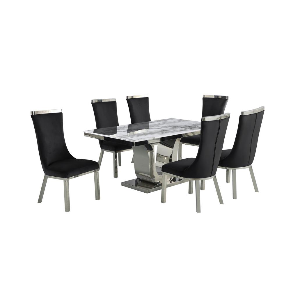 7pc dining set- Recatngle Marble table with a U shape base and 6 side chairs in Black. Picture 1