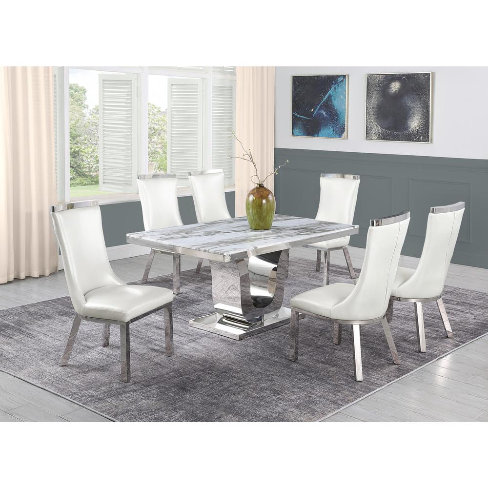 7pc dining set- Recatngle Marble table with a U shape base and 6 side chairs in White faux leather. Picture 4