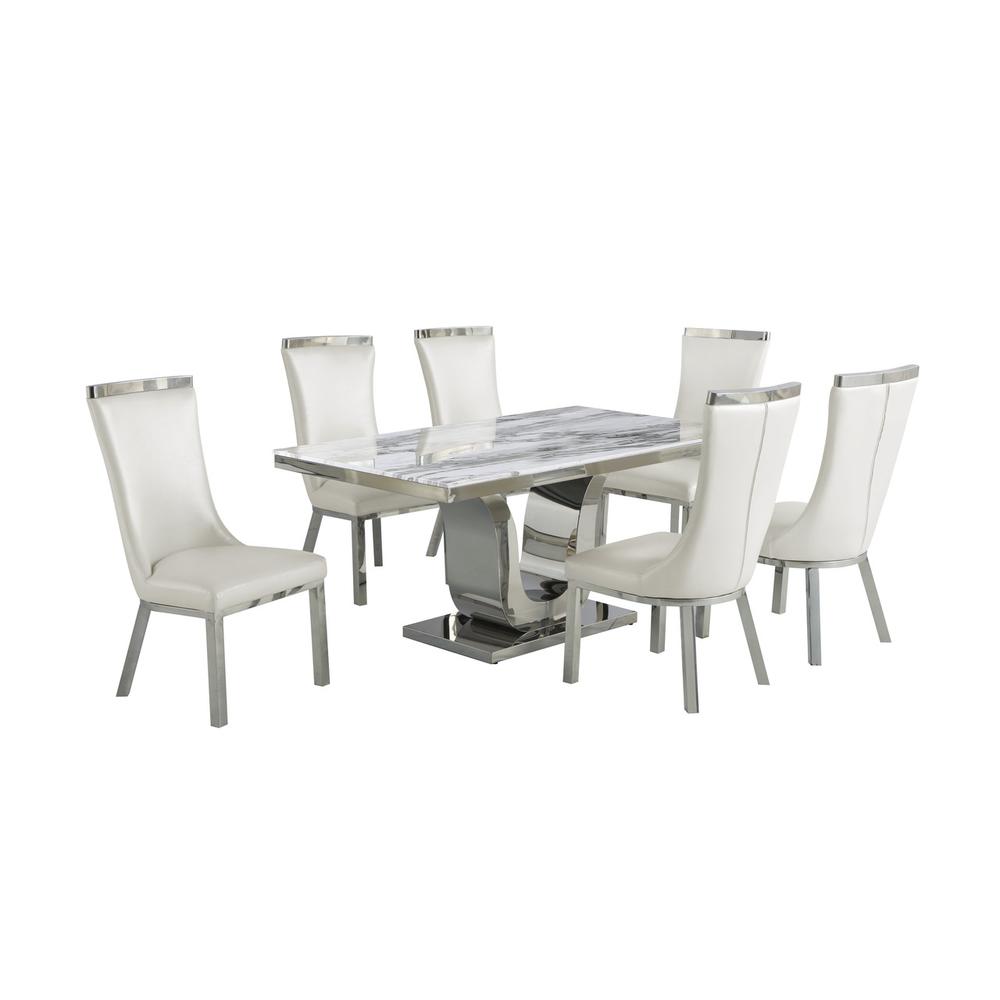 7pc dining set- Recatngle Marble table with a U shape base and 6 side chairs in White faux leather. Picture 1