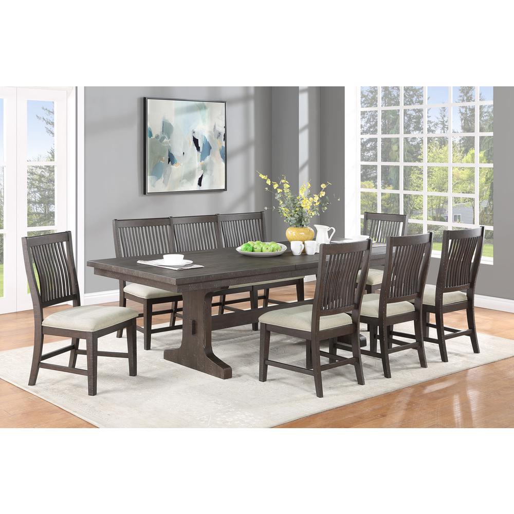 7pc dining set with MDF wood, leaf extention, 5 side chairs, one matching bench. Picture 5