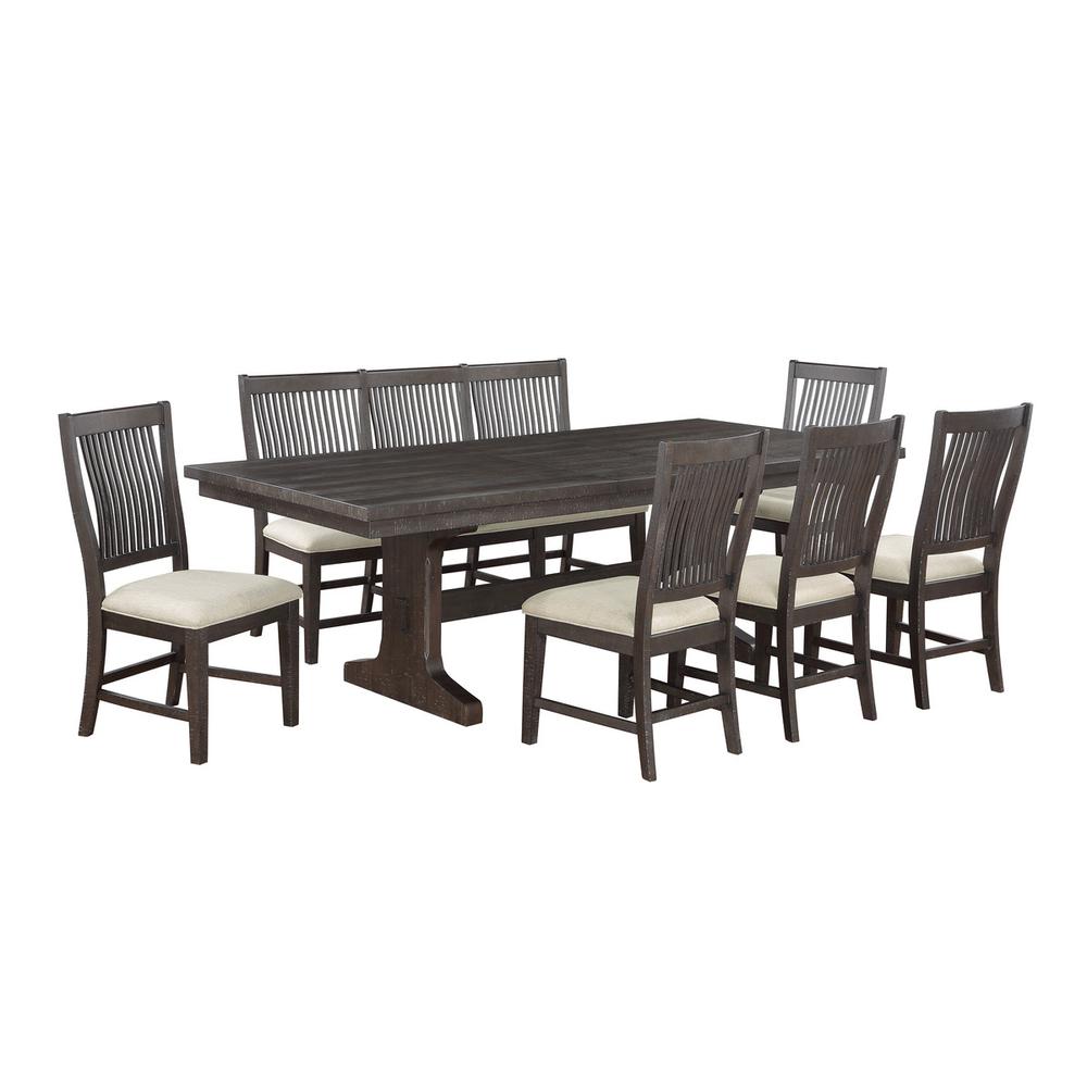 7pc dining set with MDF wood, leaf extention, 5 side chairs, one matching bench. Picture 1