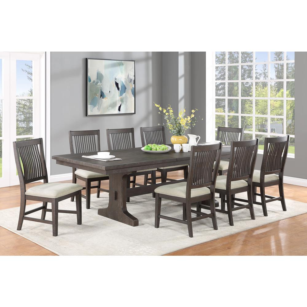 9pc dining set wood with 9 matching beige linen fabric chairs. Picture 4