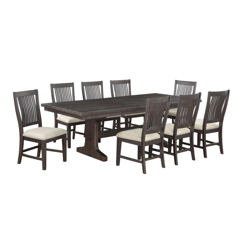 9pc dining set wood with 9 matching beige linen fabric chairs. Picture 1