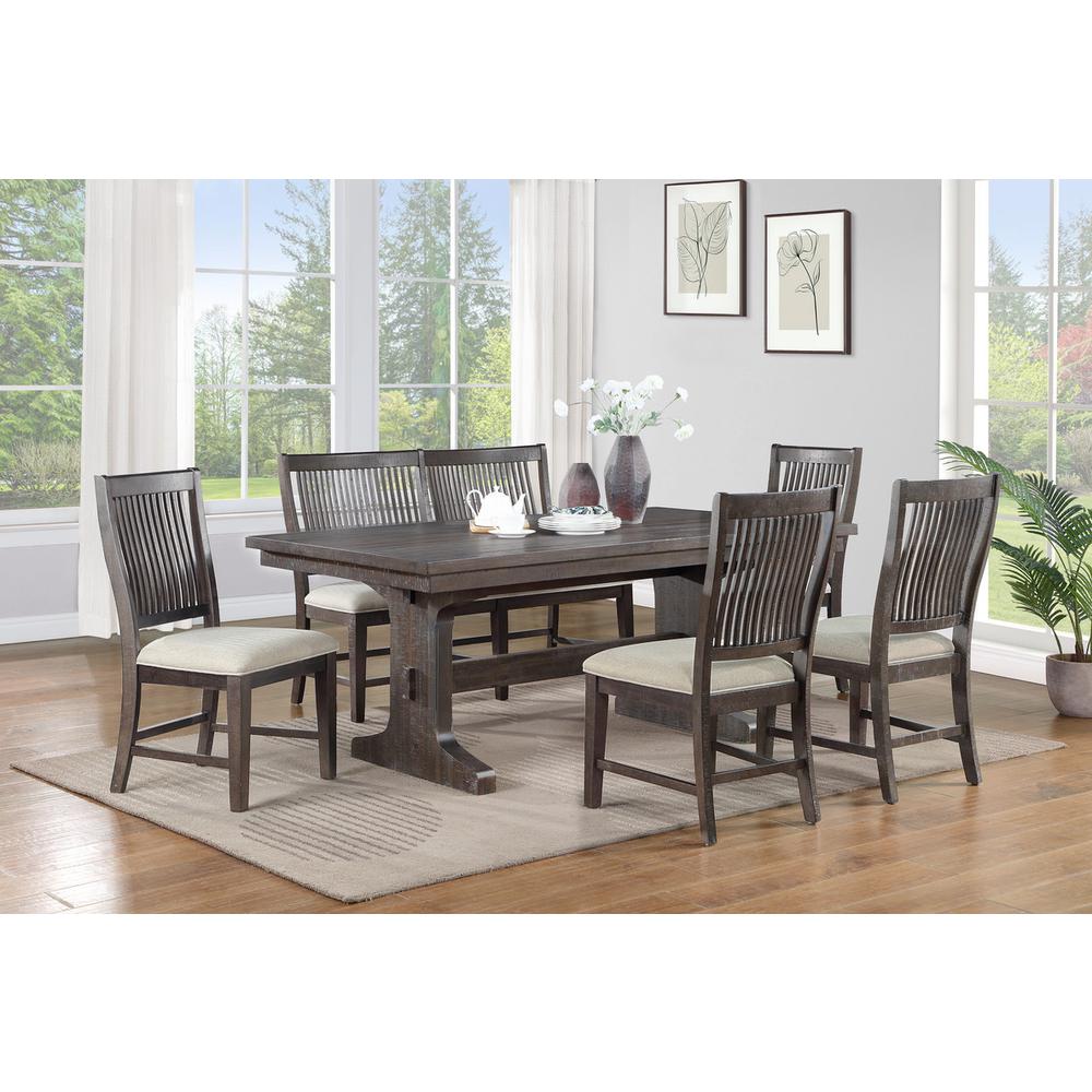 6 piece dining set with 4 beige linen side chairs and single side bench. Picture 5