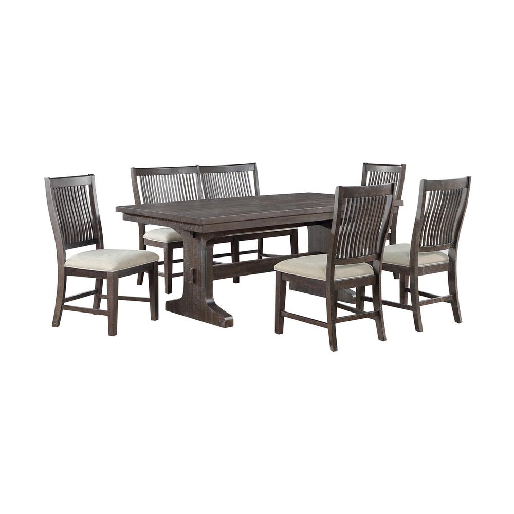 6 piece dining set with 4 beige linen side chairs and single side bench. Picture 1