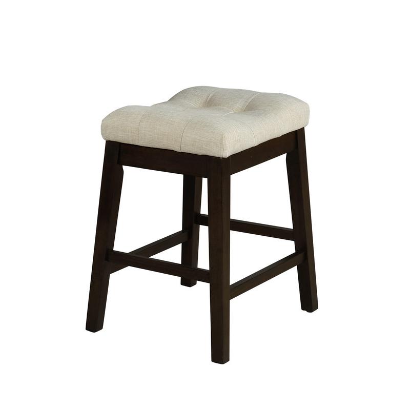 Pair of Counterheight (24") Stools with Beige Linen and Tufted Seats. Picture 1