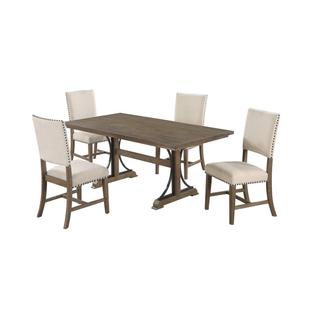 5 piece modern farmhouse dining set in brown oak and beige side chairs. Picture 1