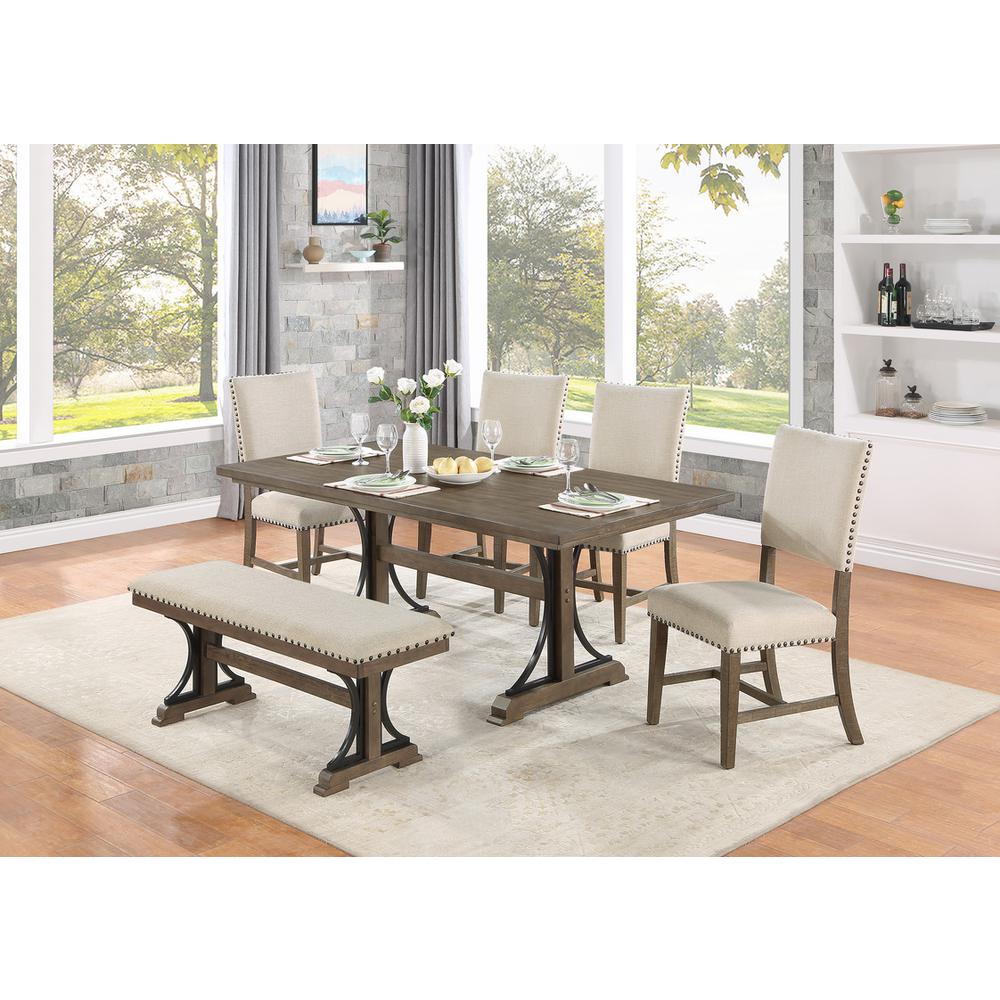7 piece dining set in brown oak with matching beige linen side chairs and bench. Picture 6
