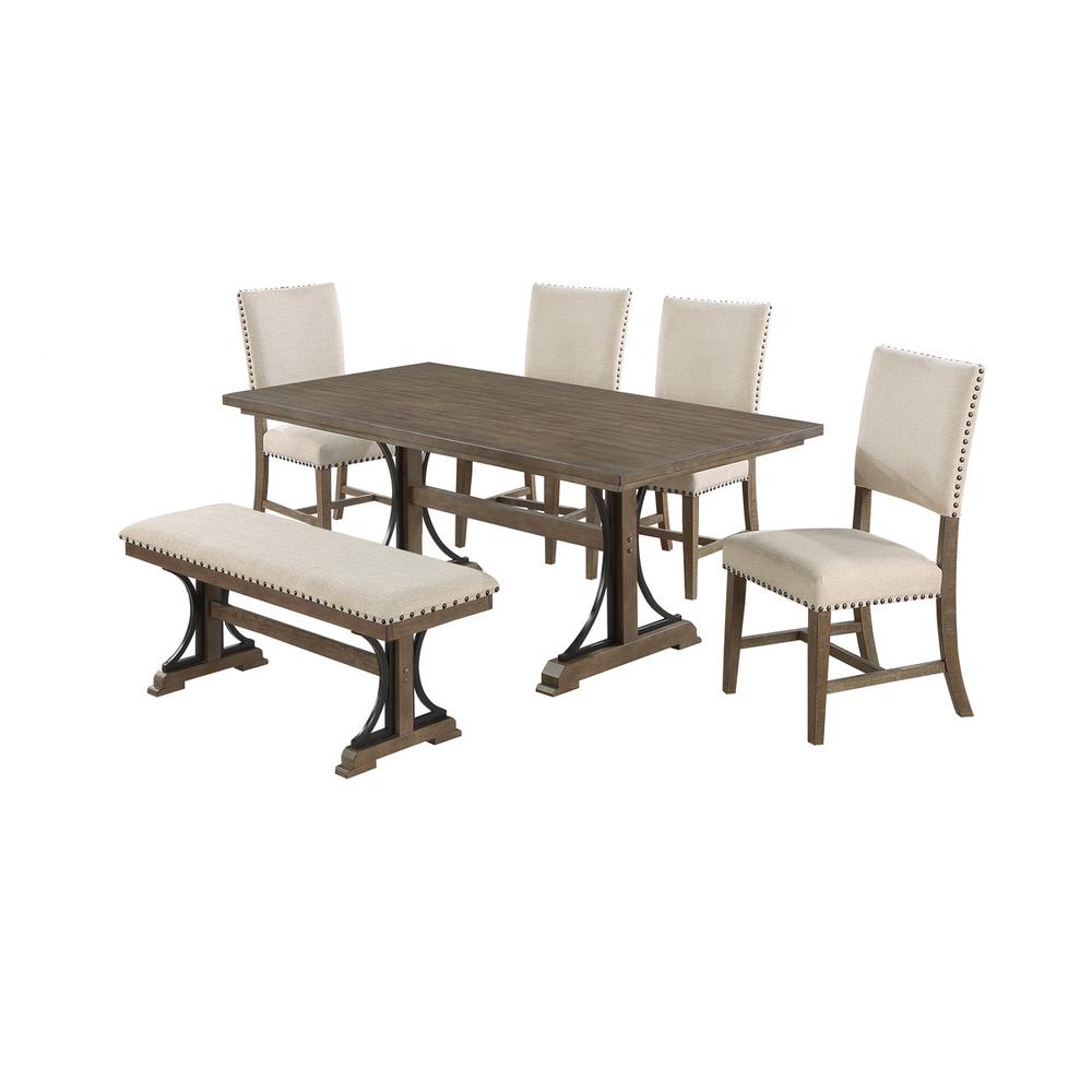 7 piece dining set in brown oak with matching beige linen side chairs and bench. Picture 1