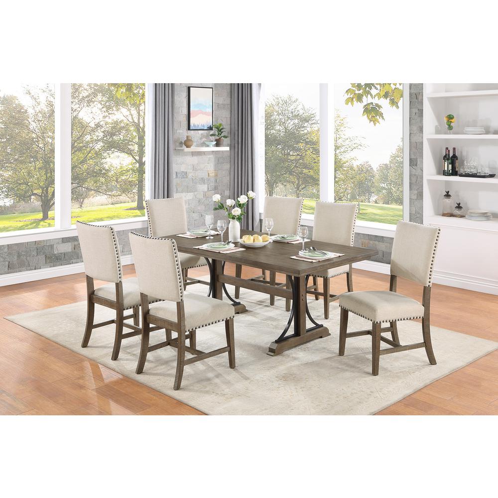 7 piece modern farmhouse dining set in brown oak and beige linen side chairs. Picture 5