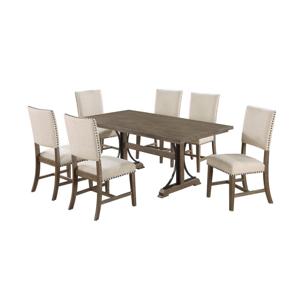 7 piece modern farmhouse dining set in brown oak and beige linen side chairs. Picture 1