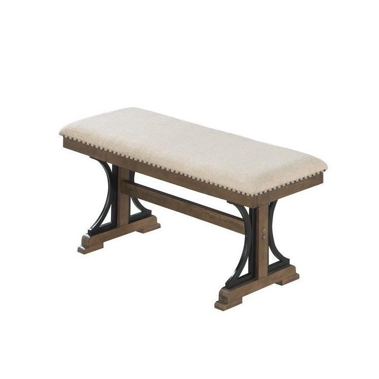 Upholstered Dining bench in Brown oak and beige fabric. Picture 1