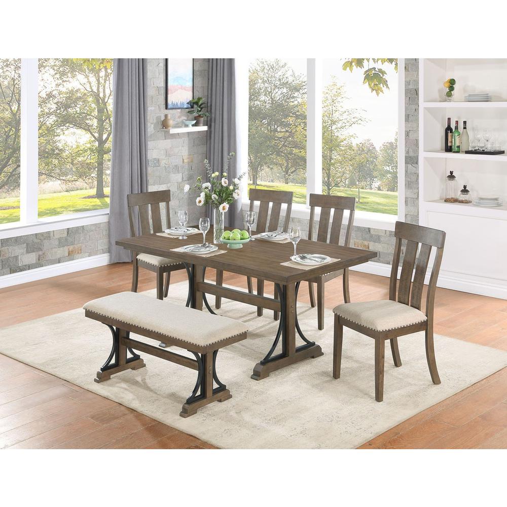 6 piece dining table set in brown oak with 4 side chairs and one dining bench. Picture 5