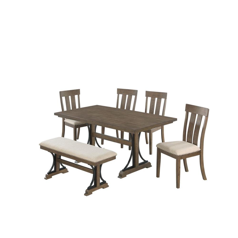 6 piece dining table set in brown oak with 4 side chairs and one dining bench. Picture 1
