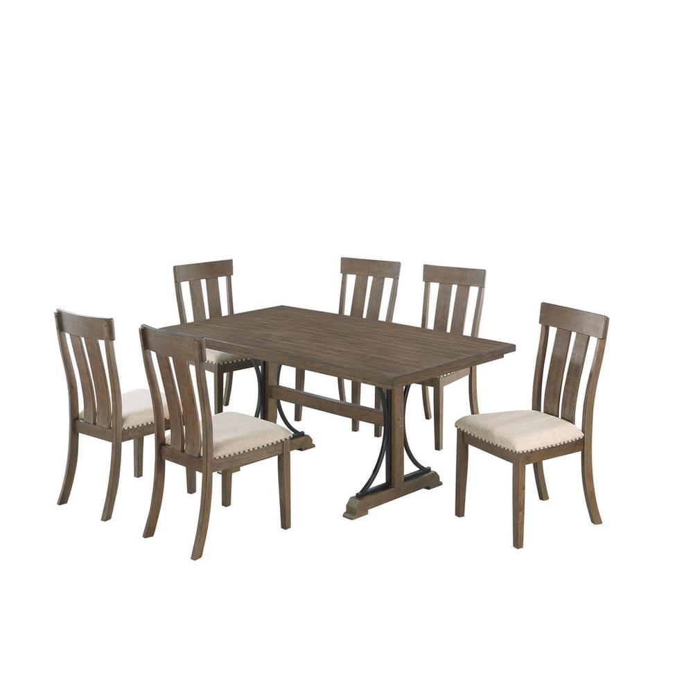 7 piece dining table set in brown oak color with 6 side chairs. Picture 1