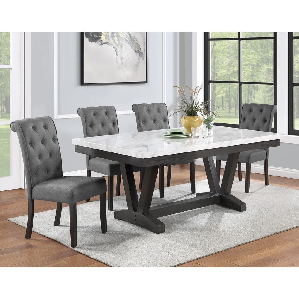 5pc Dining set, Faux Marble Wrap Table set with grey linen dining chairs. Picture 2