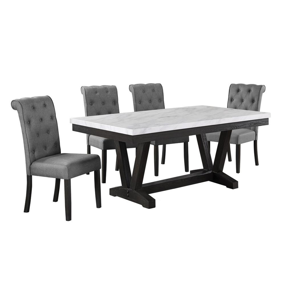 5pc Dining set, Faux Marble Wrap Table set with grey linen dining chairs. Picture 1