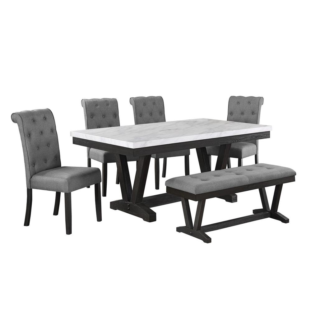 6 pc Dining set Faux Marble Wrap Table set with grey Linen Chairs and one bench. Picture 2